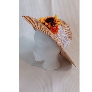 Natural Fiber Straw Sun Hat Sunflower Lace Detail Wide Brim Cottagecore Tan